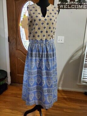 VOY Linen Bodice Paisley Heart Border Print Midi Dress Blue Tan Sleeveless M